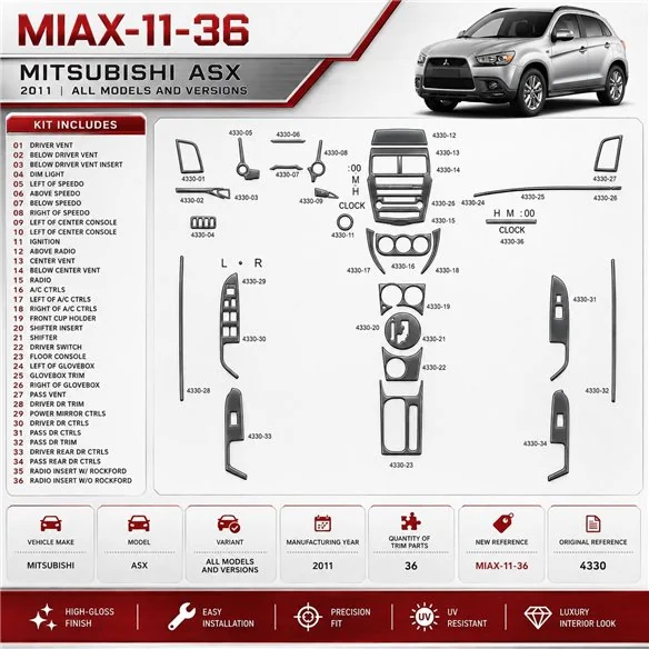 Mitsubishi ASX 2011 kit rivestimento cruscotto e interni 3D 36 pezzi