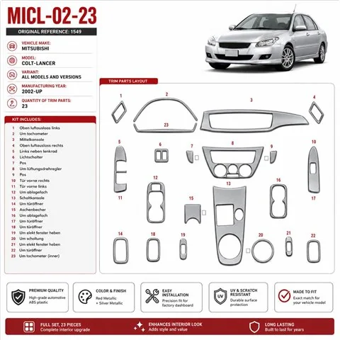 Mitsubishi Colt-Lancer 2002-in poi kit rivestimento cruscotto e interni 3D 23 pezzi