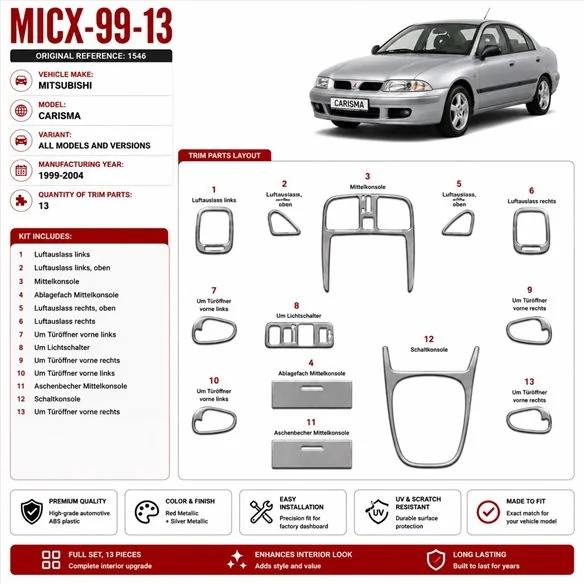 Mitsubishi Carisma 1999-2004 kit rivestimento cruscotto e interni 3D 13 pezzi