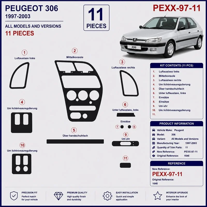Peugeot 306 1997-2003 kit cruscotto 3D, 11 pezzi