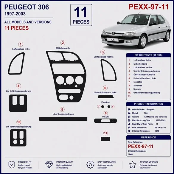 Peugeot 306 1997-2003 kit cruscotto 3D, 11 pezzi