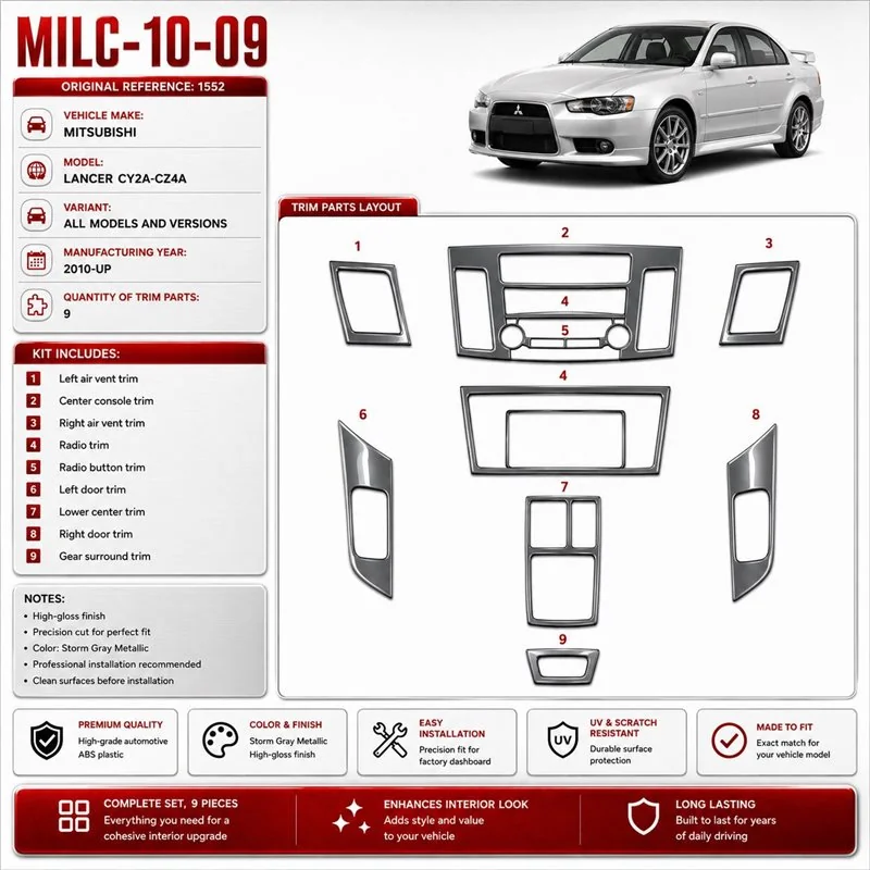 Mitsubishi Lancer CY2A–CZ4A 2010-in poi kit rivestimento cruscotto e interni 3D 9 pezzi
