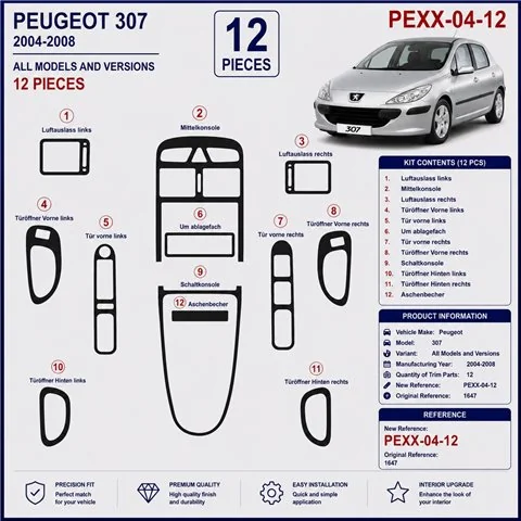 Peugeot 307 2004-2008 kit cruscotto 3D, 12 pezzi 2
