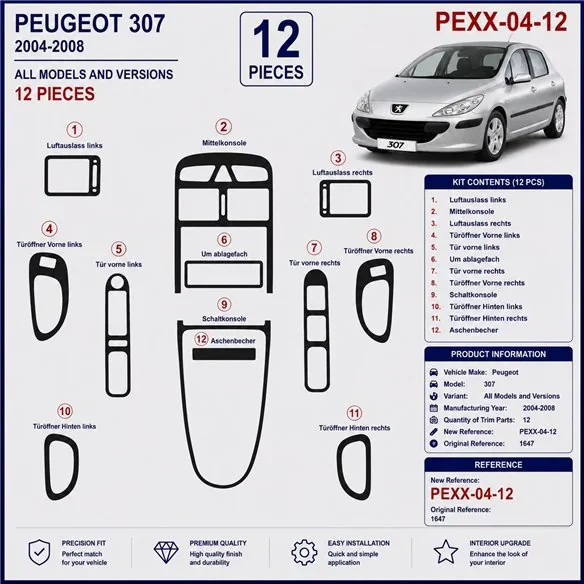 Peugeot 307 2004-2008 kit cruscotto 3D, 12 pezzi