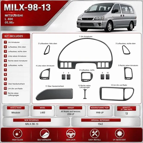 Mitsubishi L 400 1998-in poi 2006-in poi kit rivestimento cruscotto e interni 3D 13 pezzi