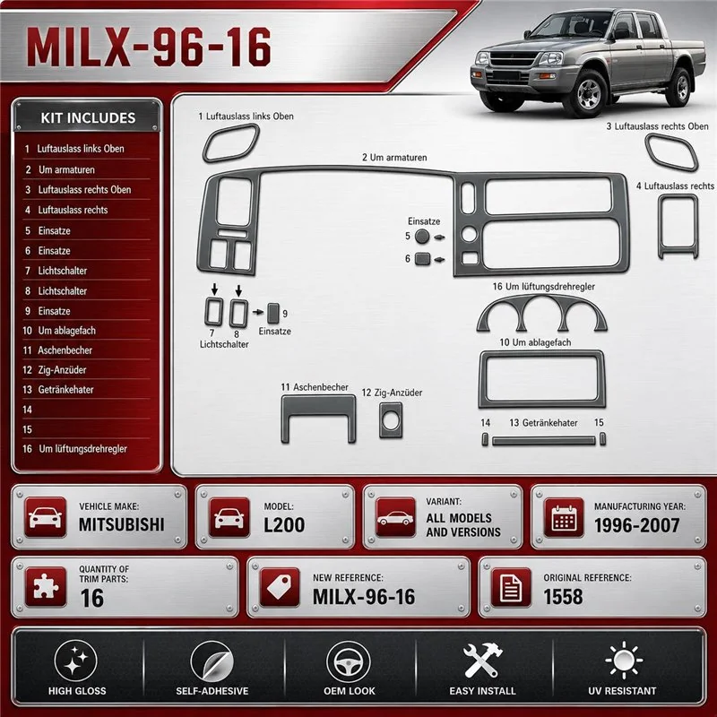 Mitsubishi L 200 1996-2007 kit rivestimento cruscotto e interni 3D 16 pezzi