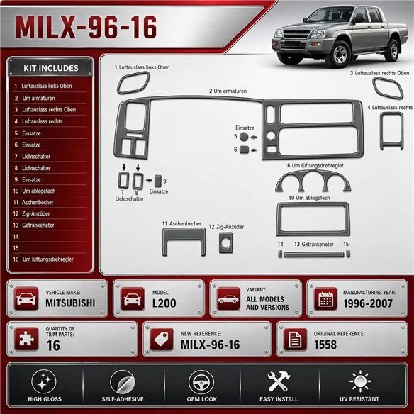 Mitsubishi L 200 1996-2007 kit rivestimento cruscotto e interni 3D 16 pezzi