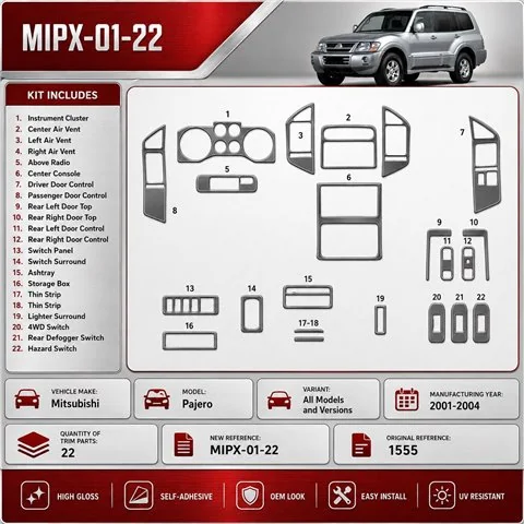 Mitsubishi Pajero 2001-2004 kit rivestimento cruscotto e interni 3D 22 pezzi