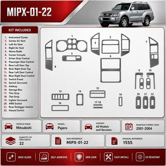 Mitsubishi Pajero 2001-2004 kit rivestimento cruscotto e interni 3D 22 pezzi