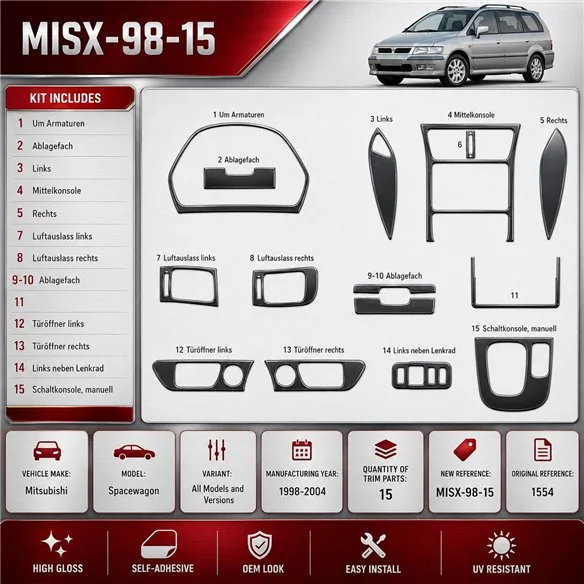 Mitsubishi Spacewagon 1998-2004 kit rivestimento cruscotto e interni 3D 15 pezzi