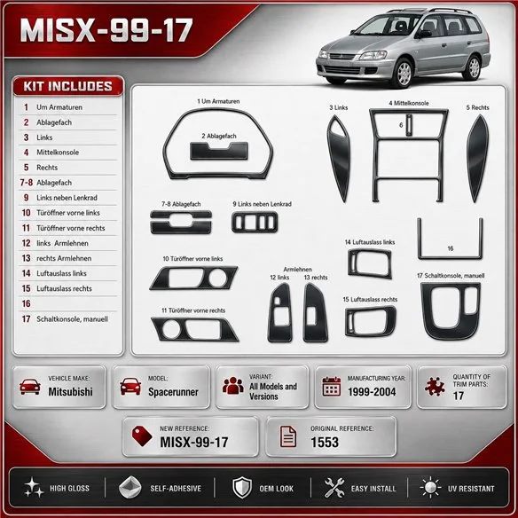 Mitsubishi Spacerunner 1999-2004 kit rivestimento cruscotto e interni 3D 17 pezzi