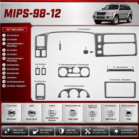 Mitsubishi Pajero Sport 1998-2002 kit rivestimento cruscotto e interni 3D 12 pezzi 2