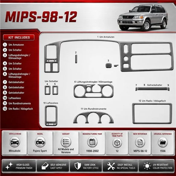 Mitsubishi Pajero Sport 1998-2002 kit rivestimento cruscotto e interni 3D 12 pezzi