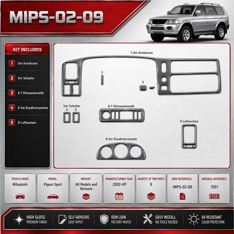 Mitsubishi Pajero Sport 2002-in poi kit rivestimento cruscotto e interni 3D 9 pezzi