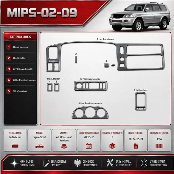 Mitsubishi Pajero Sport 2002-in poi kit rivestimento cruscotto e interni 3D 9 pezzi