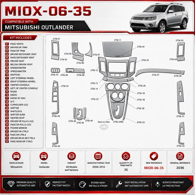 Mitsubishi Outlander 2006-2012 kit rivestimento cruscotto e interni 3D 35 pezzi