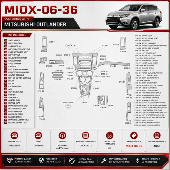 Mitsubishi Outlander 2006-2012 kit rivestimento cruscotto e interni 3D 36 pezzi
