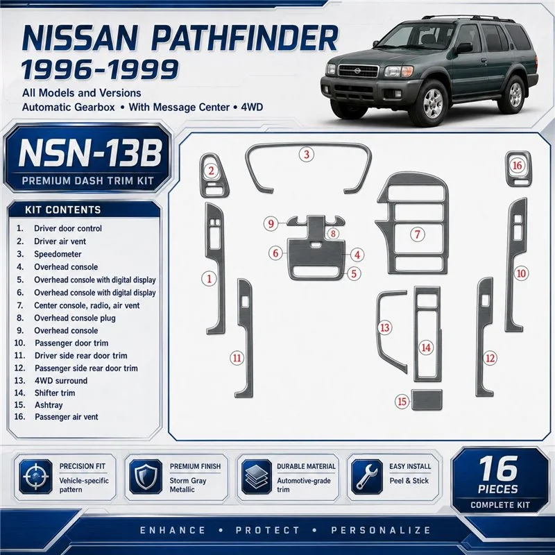 Nissan Pathfinder 1996-1999 cambio automatico; con Message Center, 4WD kit rivestimento cruscotto e interni 3D 16 pezzi