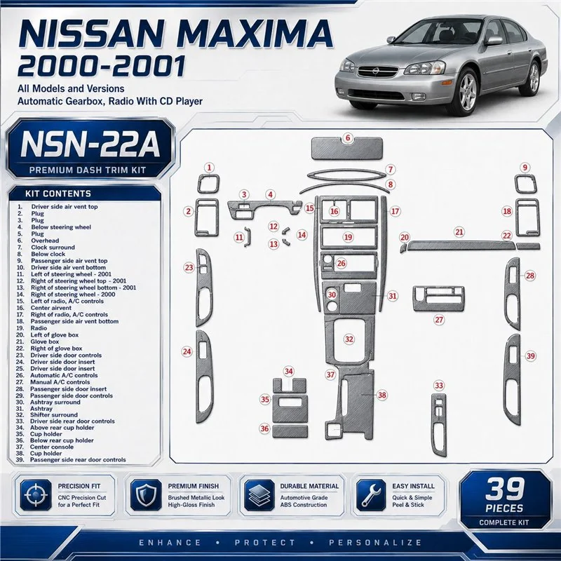 Nissan Maxima 2000-2001 set completo; cambio automatico; Radio con CD Player kit rivestimento cruscotto e interni 3D 39 pezzi