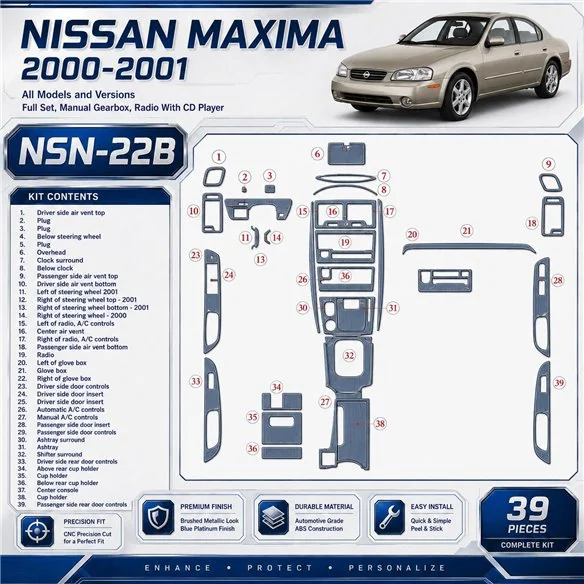 Nissan Maxima 2000-2001 set completo; cambio manuale; Radio con CD Player kit rivestimento cruscotto e interni 3D 39 pezzi