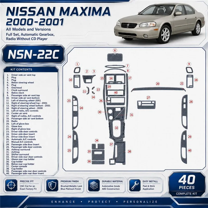 Nissan Maxima 2000-2001 set completo; cambio automatico; Radio senza CD Player kit rivestimento cruscotto e interni 3D 40 pezzi