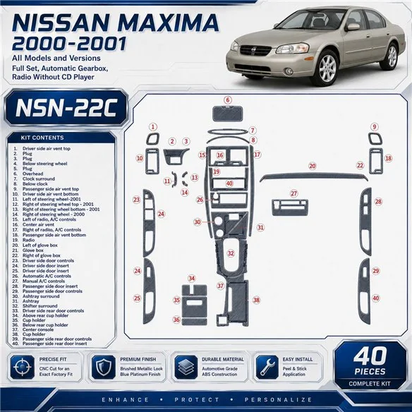 Nissan Maxima 2000-2001 set completo; cambio automatico; Radio senza CD Player kit rivestimento cruscotto e interni 3D 40 pezzi