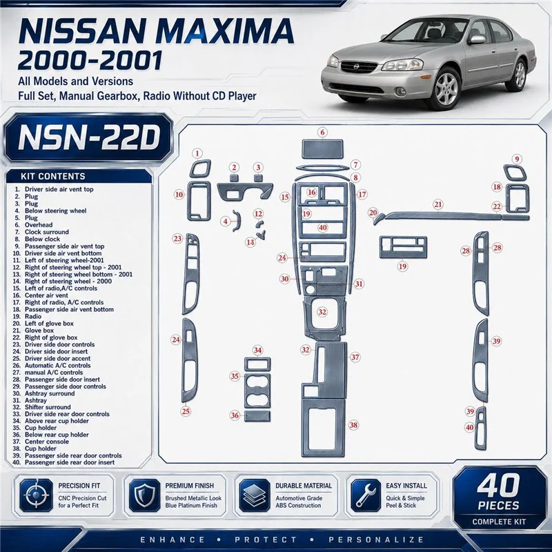 Nissan Maxima 2000-2001 set completo; cambio manuale; Radio senza CD Player kit rivestimento cruscotto e interni 3D 40 pezzi