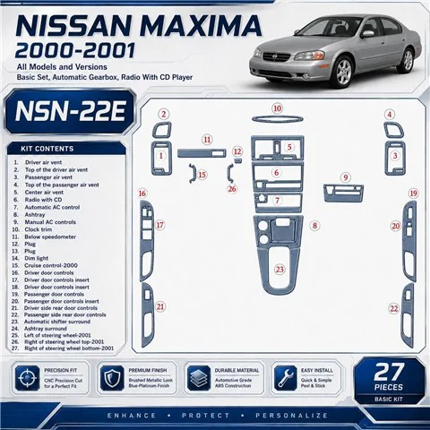 Nissan Maxima 2000-2001 Basic Set; cambio automatico; Radio con CD Player kit rivestimento cruscotto e interni 3D 27 pezzi