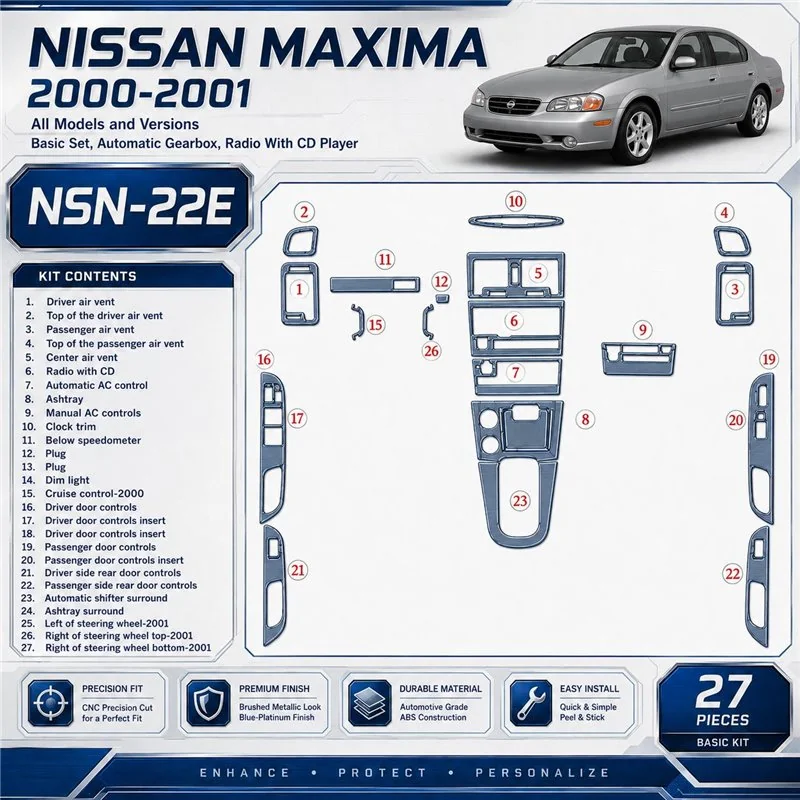 Nissan Maxima 2000-2001 Basic Set; cambio automatico; Radio con CD Player kit rivestimento cruscotto e interni 3D 27 pezzi