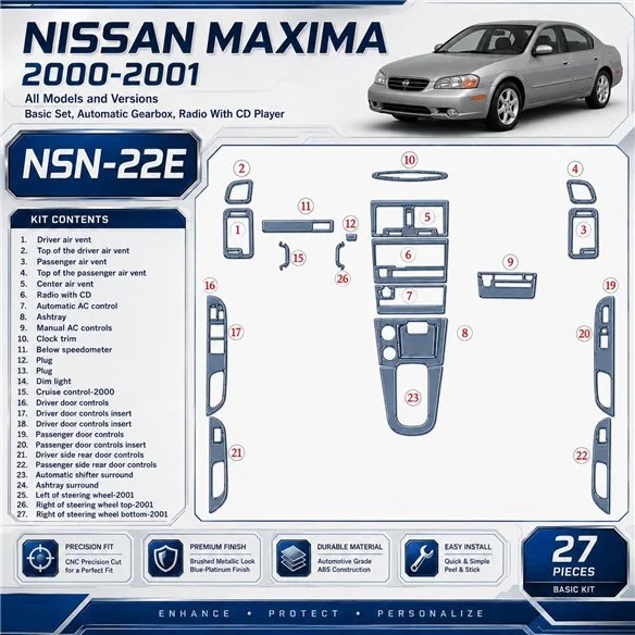 Nissan Maxima 2000-2001 Basic Set; cambio automatico; Radio con CD Player kit rivestimento cruscotto e interni 3D 27 pezzi