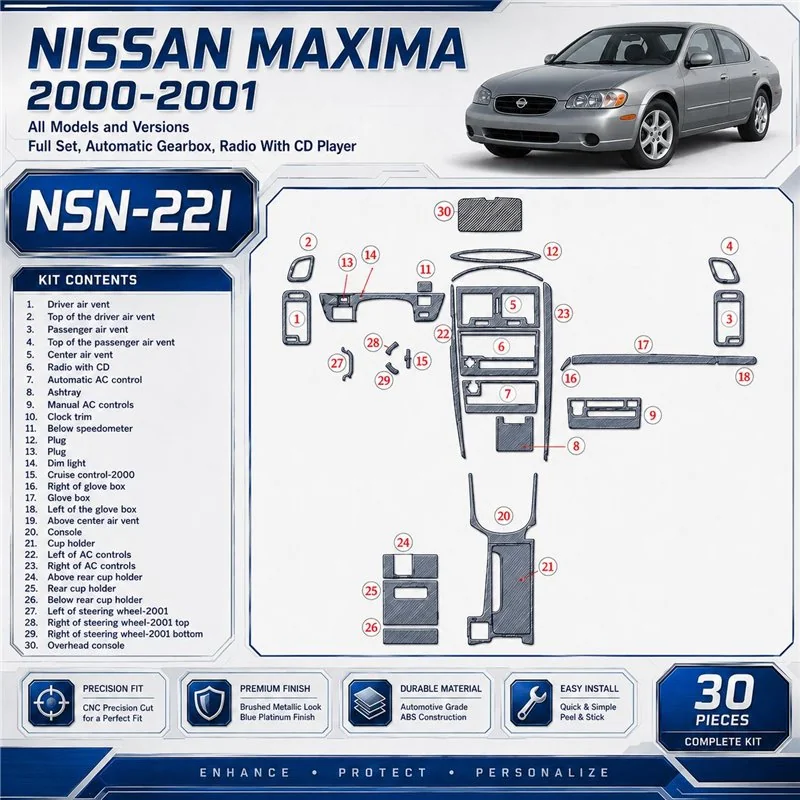 Nissan Maxima 2000-2001 set completo; cambio automatico; Radio con CD Player kit rivestimento cruscotto e interni 3D 30 pezzi