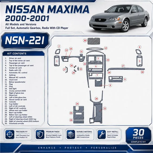 Nissan Maxima 2000-2001 set completo; cambio automatico; Radio con CD Player kit rivestimento cruscotto e interni 3D 30 pezzi