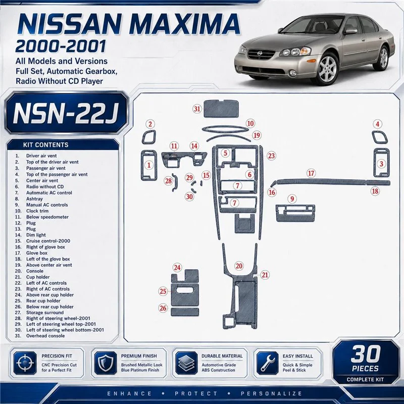 Nissan Maxima 2000-2001 set completo; cambio automatico; Radio senza CD Player kit rivestimento cruscotto e interni 3D 30 pezzi