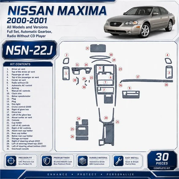 Nissan Maxima 2000-2001 set completo; cambio automatico; Radio senza CD Player kit rivestimento cruscotto e interni 3D 30 pezzi