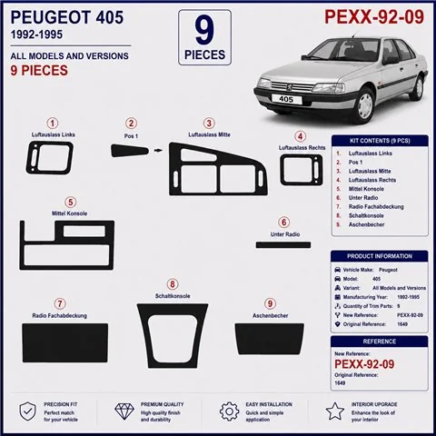 Peugeot 405 1992-1995 kit cruscotto 3D, 9 pezzi 2