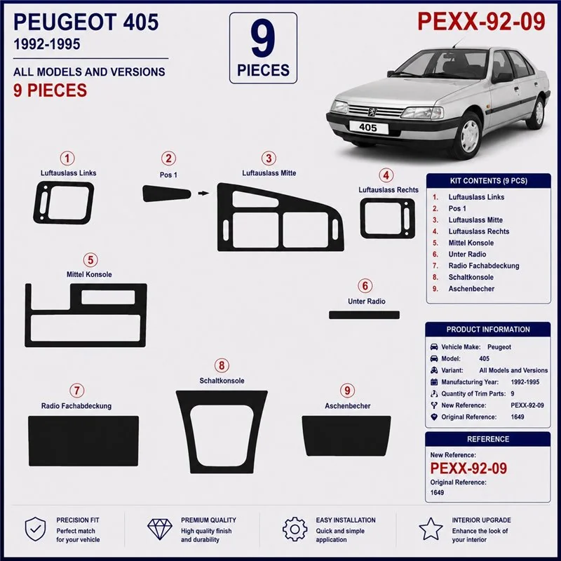 Peugeot 405 1992-1995 kit cruscotto 3D, 9 pezzi