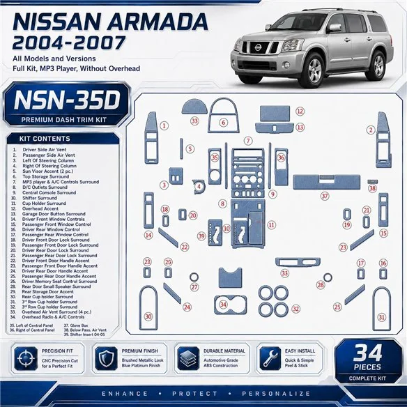Nissan Armada 2004-2007 set completo; MP3 PLayer; senza Overhead kit rivestimento cruscotto e interni 3D