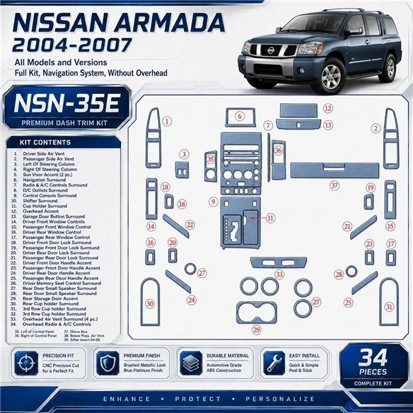 Nissan Armada 2004-2007 set completo; sistema di navigazione; senza Overhead kit rivestimento cruscotto e interni 3D