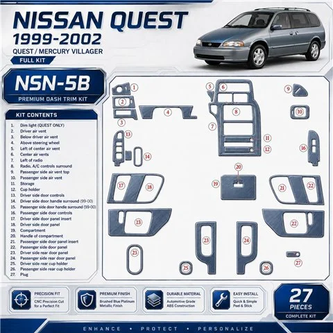 Nissan Quest 1999-2002 set completo kit rivestimento cruscotto e interni 3D 27 pezzi