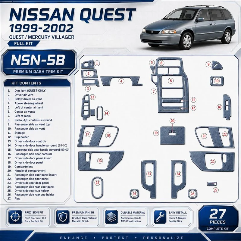 Nissan Quest 1999-2002 set completo kit rivestimento cruscotto e interni 3D 27 pezzi