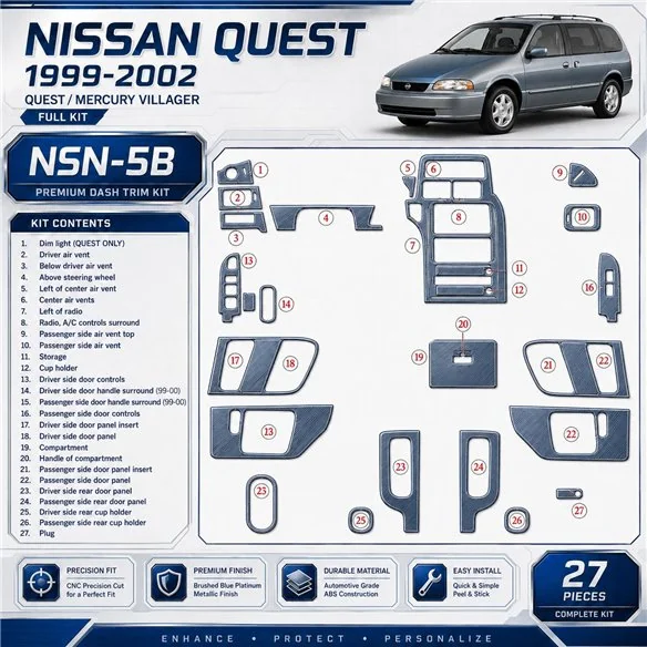 Nissan Quest 1999-2002 set completo kit rivestimento cruscotto e interni 3D 27 pezzi