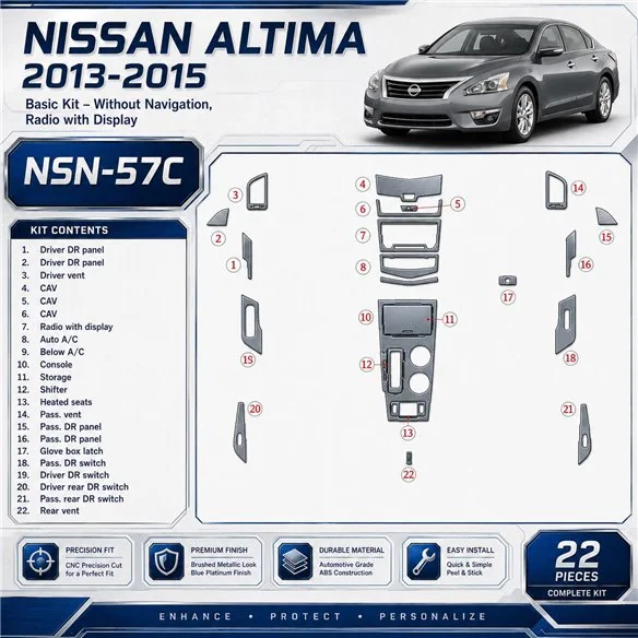 Nissan Altima 2013-in poi Basic Set; senza navigatore; Radio-LCD kit rivestimento cruscotto e interni 3D
