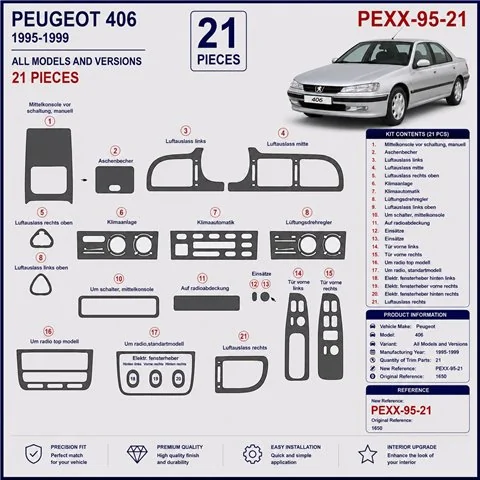 Peugeot 406 1995-1999 kit cruscotto 3D, 21 pezzi 2