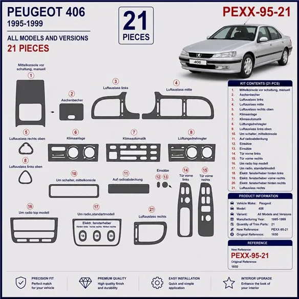 Peugeot 406 1995-1999 kit cruscotto 3D, 21 pezzi