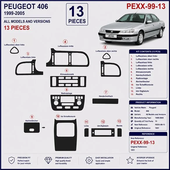 Peugeot 406 1999-2005 kit cruscotto 3D, 13 pezzi