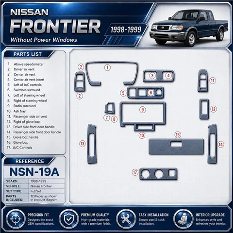 Nissan Frontier 1998-1999 senza Power Windows kit rivestimento cruscotto e interni 3D