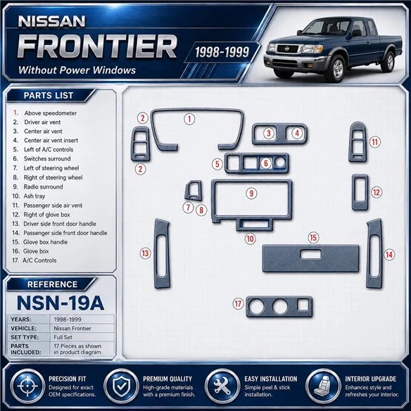 Nissan Frontier 1998-1999 senza Power Windows kit rivestimento cruscotto e interni 3D