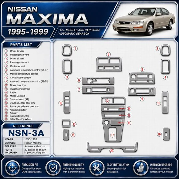 Nissan Maxima 1995-1999 cambio automatico kit rivestimento cruscotto e interni 3D 21 pezzi