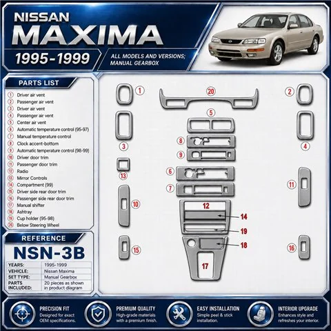 Nissan Maxima 1995-1999 cambio manuale kit rivestimento cruscotto e interni 3D 21 pezzi
