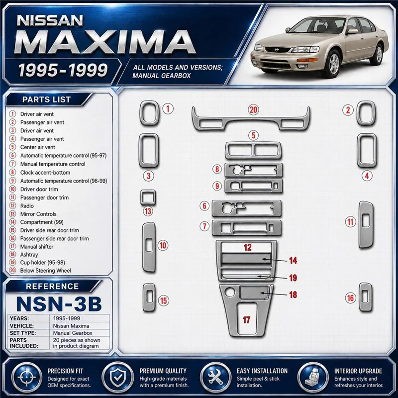Nissan Maxima 1995-1999 cambio manuale kit rivestimento cruscotto e interni 3D 21 pezzi